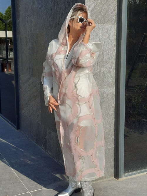 GİZMOSSE ÖZEL TASARIM BROKAR VE GOLD SİM KABARTMA ORGANİZE TÜL KİMONO