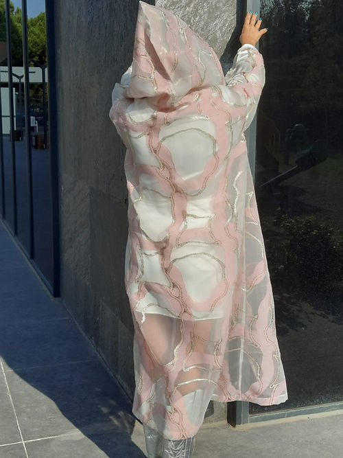 GİZMOSSE ÖZEL TASARIM BROKAR VE GOLD SİM KABARTMA ORGANİZE TÜL KİMONO - Görsel 5