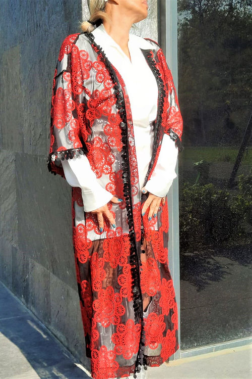 GİZMOSSE ÖZEL TASARIM KIRMIZI İŞLEMELİ TÜL KİMONO