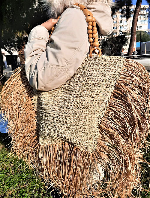 KAĞIT İP AHŞAP BONCUK SAPLI OMUZ ÇANTASI