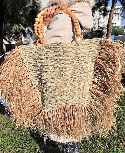 KAĞIT İP AHŞAP BONCUK SAPLI OMUZ ÇANTASI - Görsel 2