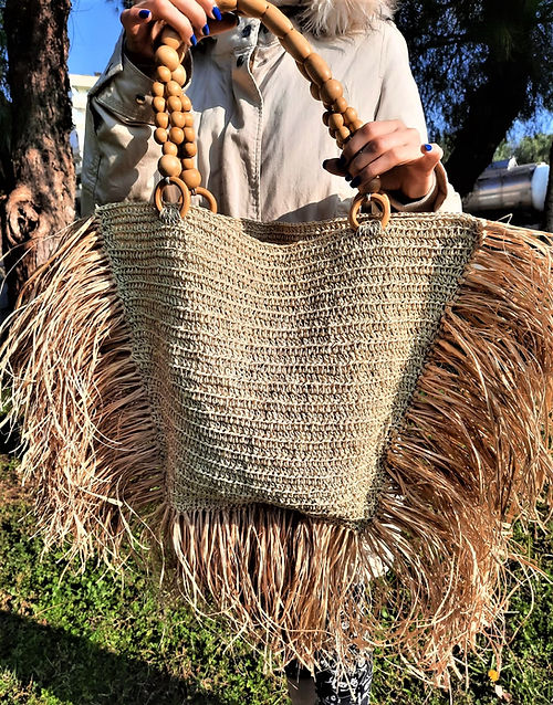 KAĞIT İP AHŞAP BONCUK SAPLI OMUZ ÇANTASI - Görsel 3