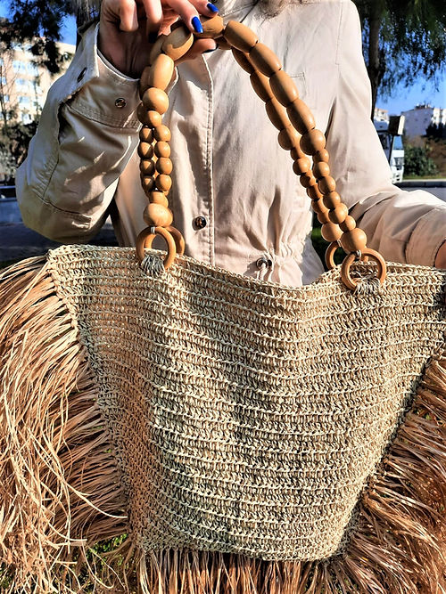 KAĞIT İP AHŞAP BONCUK SAPLI OMUZ ÇANTASI - Görsel 4