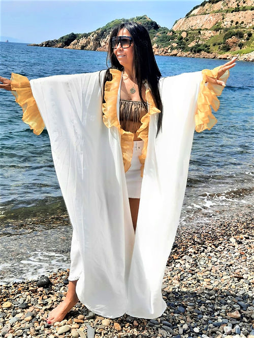ÖZEL TASARIM BEYAZ SARI VALONLU KİMONO - Görsel 2