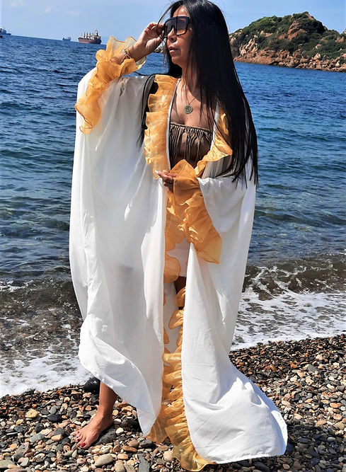 ÖZEL TASARIM BEYAZ SARI VALONLU KİMONO - Görsel 3