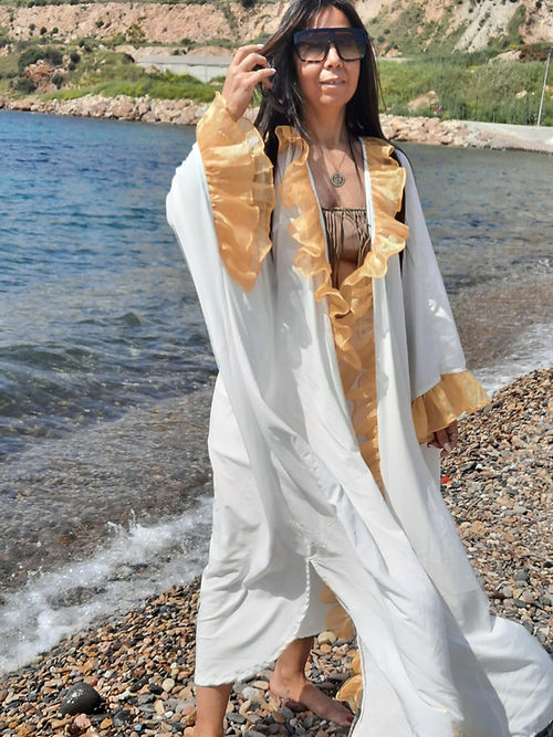 ÖZEL TASARIM BEYAZ SARI VALONLU KİMONO - Görsel 7