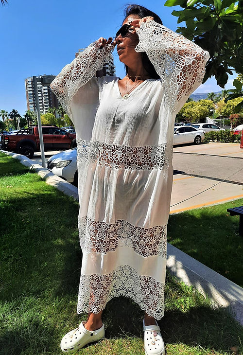 ÖZEL TASARIM DANTELLİ PAMUK KETEN ELBİSE