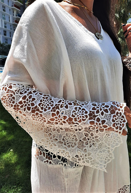 ÖZEL TASARIM DANTELLİ PAMUK KETEN ELBİSE - Görsel 7