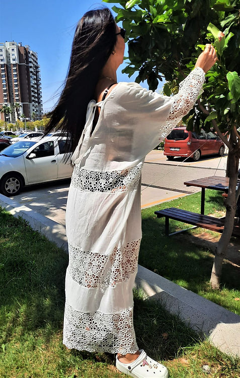 ÖZEL TASARIM DANTELLİ PAMUK KETEN ELBİSE - Görsel 8