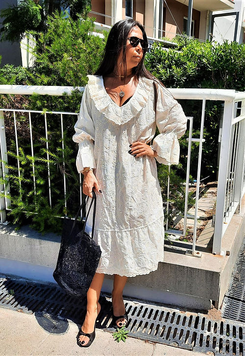 ÖZEL TASARIM FİSTO NAKIŞLI PAMUK KETEN ELBİSE