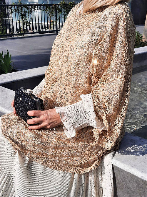 ÖZEL TASARIM GOLD SİMLİ PULLU ÖRGÜ TRANSPARAN BLUZ - Görsel 4