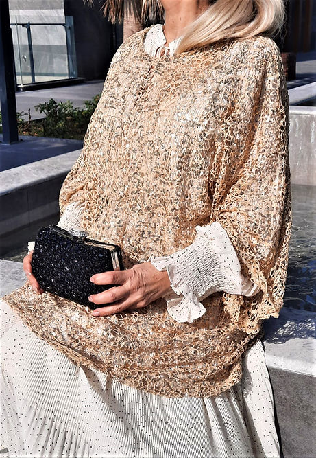 ÖZEL TASARIM GOLD SİMLİ PULLU ÖRGÜ TRANSPARAN BLUZ - Görsel 6