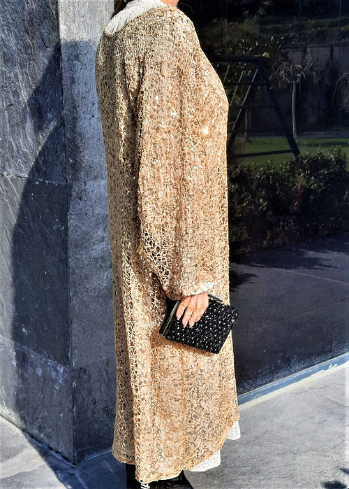 ÖZEL TASARIM GOLD SİMLİ PULLU ÖRGÜ TRANSPARAN ELBİSE - Görsel 3