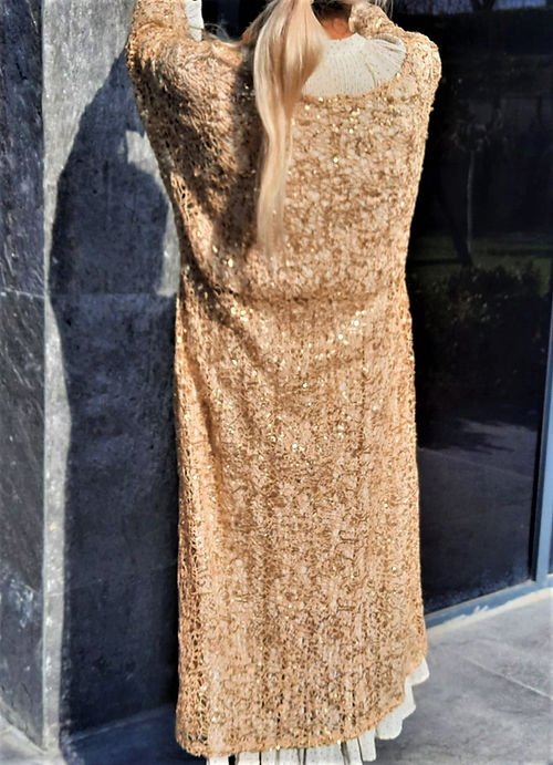 ÖZEL TASARIM GOLD SİMLİ PULLU ÖRGÜ TRANSPARAN ELBİSE - Görsel 4