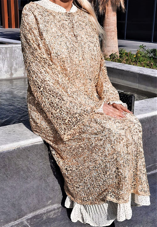 ÖZEL TASARIM GOLD SİMLİ PULLU ÖRGÜ TRANSPARAN ELBİSE - Görsel 6