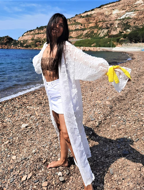 ÖZEL TASARIM PAMUK KETEN BEYAZ KİMONO - Görsel 5