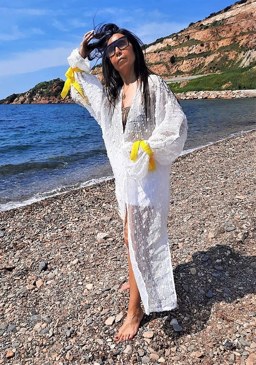 ÖZEL TASARIM PAMUK KETEN BEYAZ KİMONO - Görsel 6