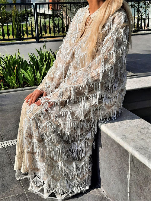 ÖZEL TASARIM PUL PAYET SAÇAKLI ELBİSE - Görsel 6