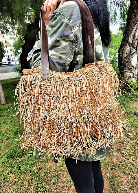 ÖZEL TASARIM PÜSKÜLLÜ KAĞIT İP ÖRME ÇANTA - Görsel 2