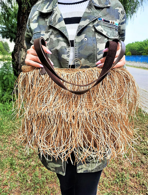 ÖZEL TASARIM PÜSKÜLLÜ KAĞIT İP ÖRME ÇANTA - Görsel 3