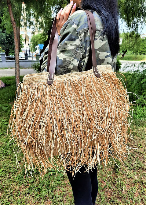 ÖZEL TASARIM PÜSKÜLLÜ KAĞIT İP ÖRME ÇANTA - Görsel 2