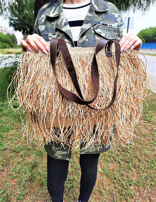 ÖZEL TASARIM PÜSKÜLLÜ KAĞIT İP ÖRME ÇANTA - Görsel 3