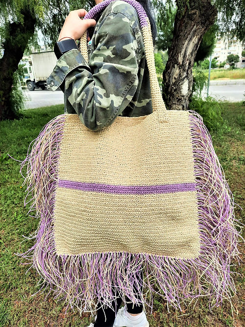 ÖZEL TASARIM PÜSKÜLLÜ KAĞIT İP ÖRME ÇANTA - Görsel 2