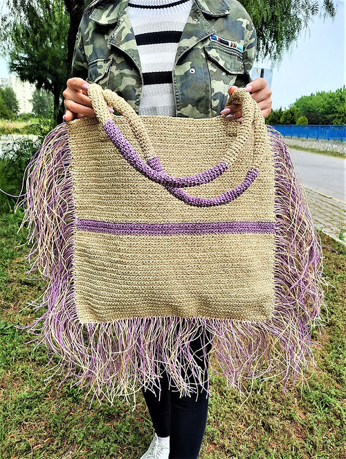 ÖZEL TASARIM PÜSKÜLLÜ KAĞIT İP ÖRME ÇANTA - Görsel 3