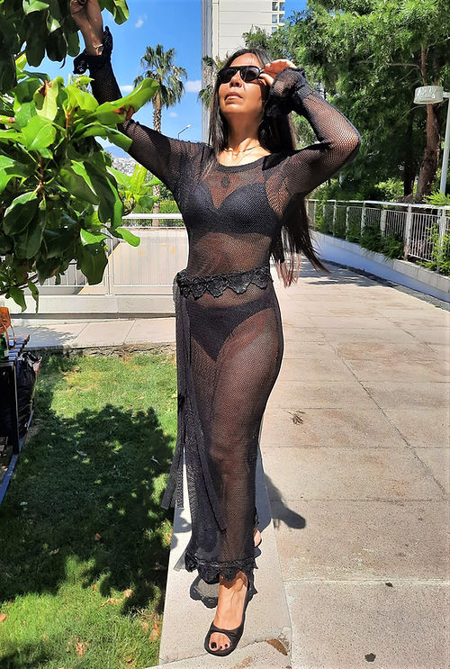 ÖZEL TASARIM SİYAH TANSPARAN FİLE ELBİSE