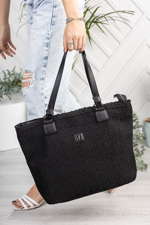 SİYAH ÖRGÜ GENİŞ ÇANTA - Görsel 2