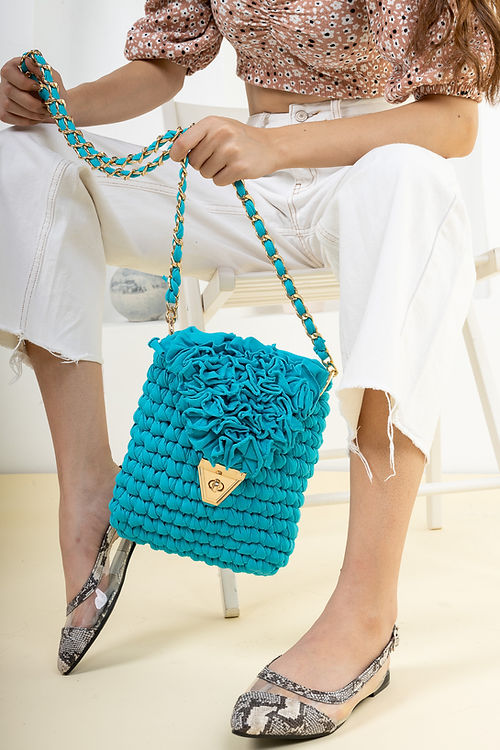 TURKUAZ EL ÖRME KADIN OMUZ ÇANTASI